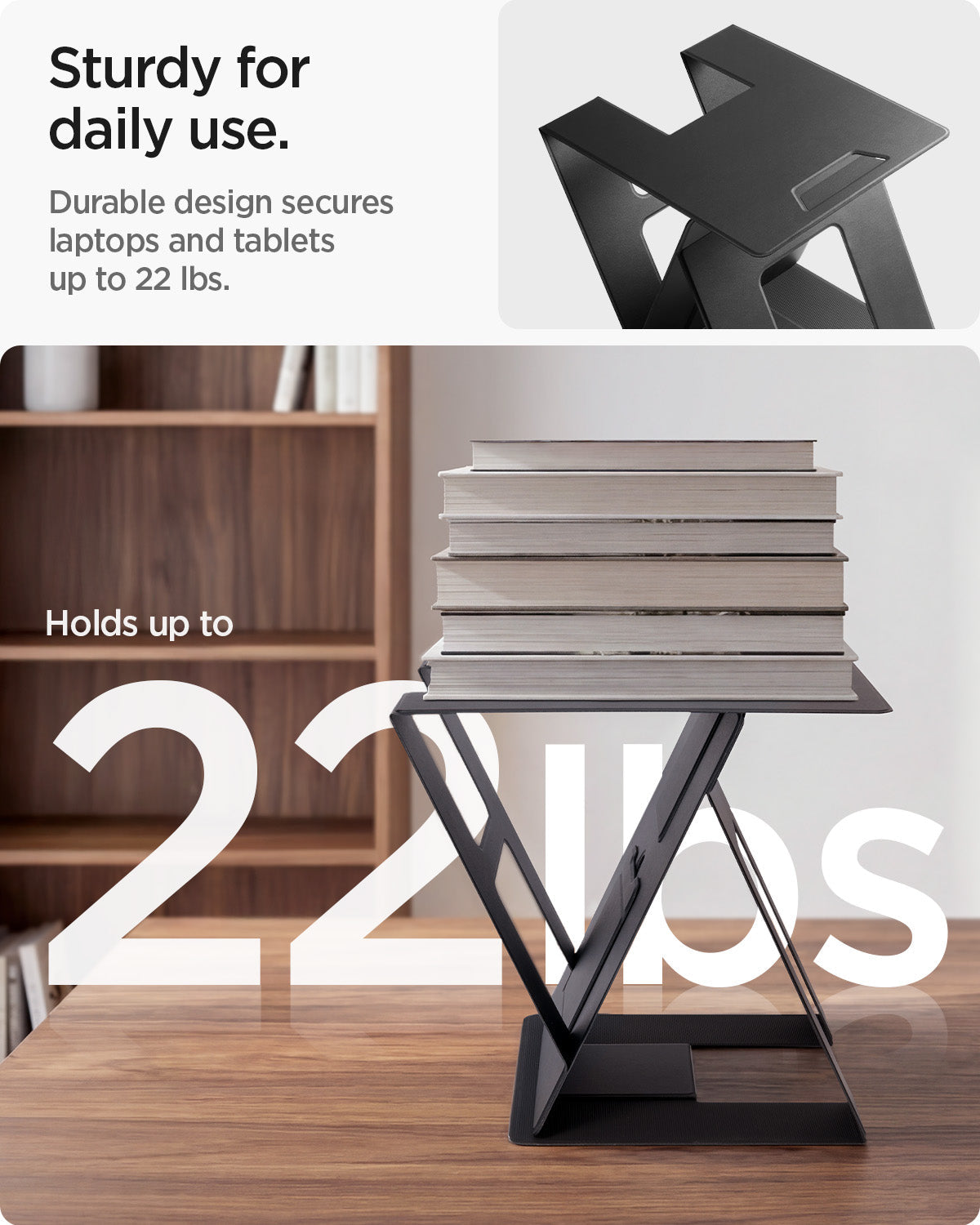 AMP11119 - Slim Fold Laptop Stand | LD201-S10 Black showing sturdy for daily use