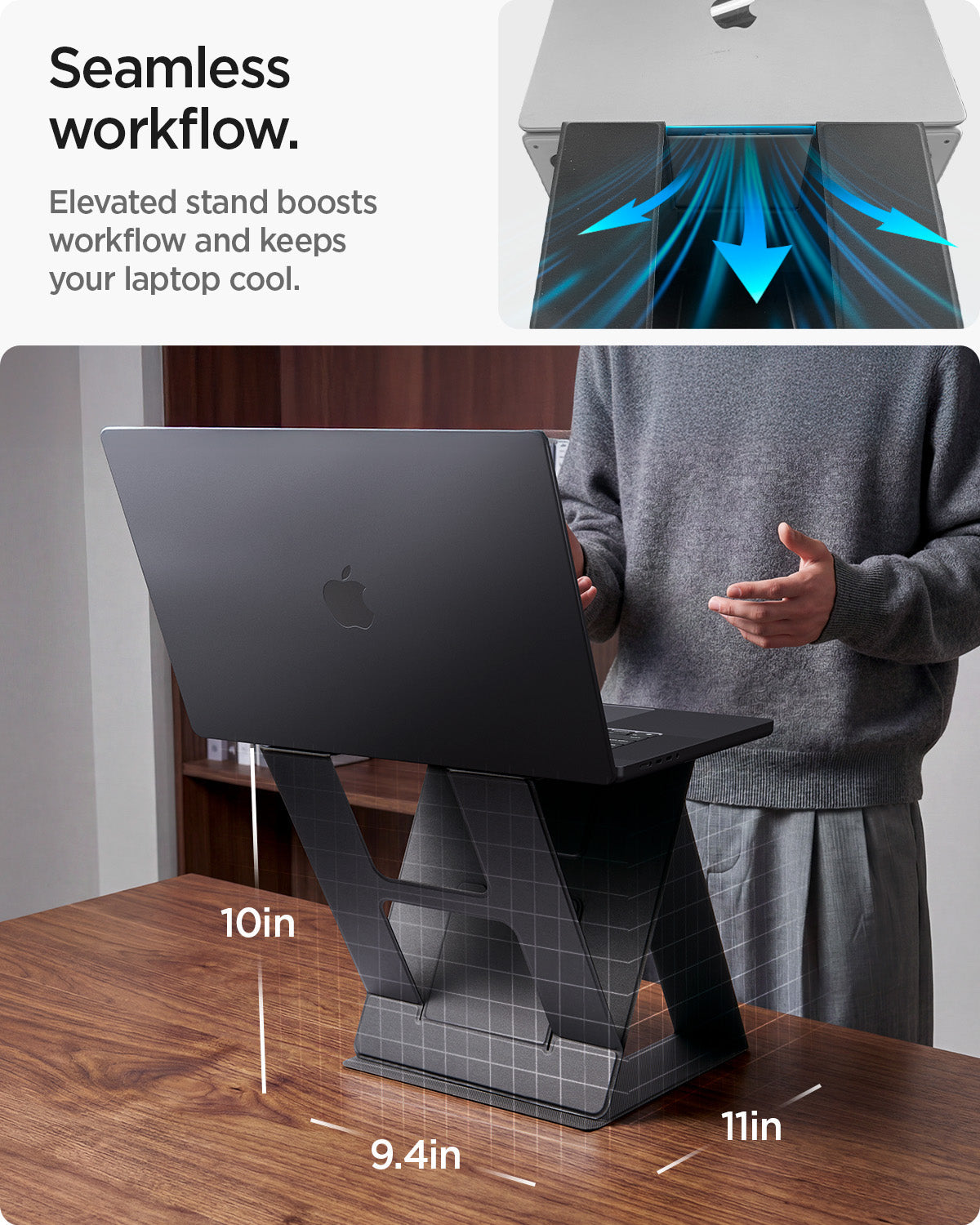 AMP11119 - Slim Fold Laptop Stand | LD201-S10 Black showing seamless workflow
