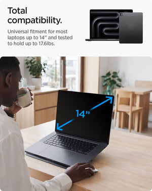 AMP11116 - Slim Fold Laptop Stand | LD201-S7 showing total compatibility. universal fitment for most laptops up yo 14 inch and tested to hold up to 17.6 pounds