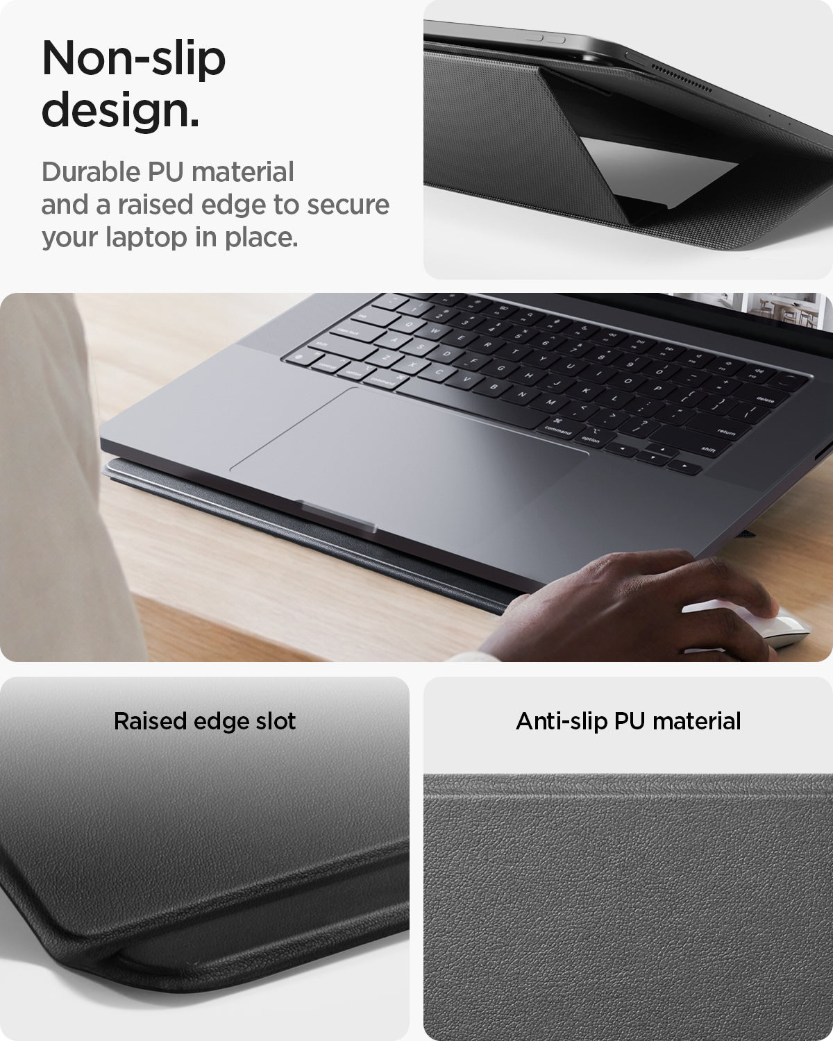 AMP11116 - Slim Fold Laptop Stand | LD201-S7 showing non slip design. durable PU material and tab holders secure your laptop in place