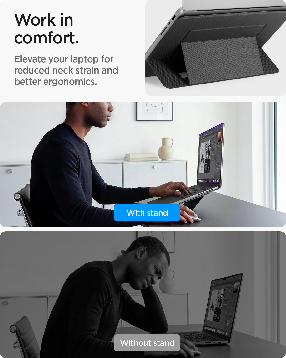 AMP11116 - Slim Fold Laptop Stand | LD201-S7 showing work in comfort.