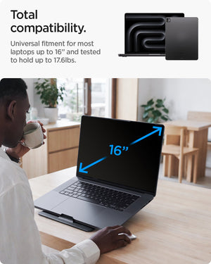 AMP11117 - Slim Fold Laptop Stand | Non-Adhesive | Black LD201-S8 showing total compatibility. universal fitment for most laptops up yo 16 inch and tested to hold up to 17.6 pounds
