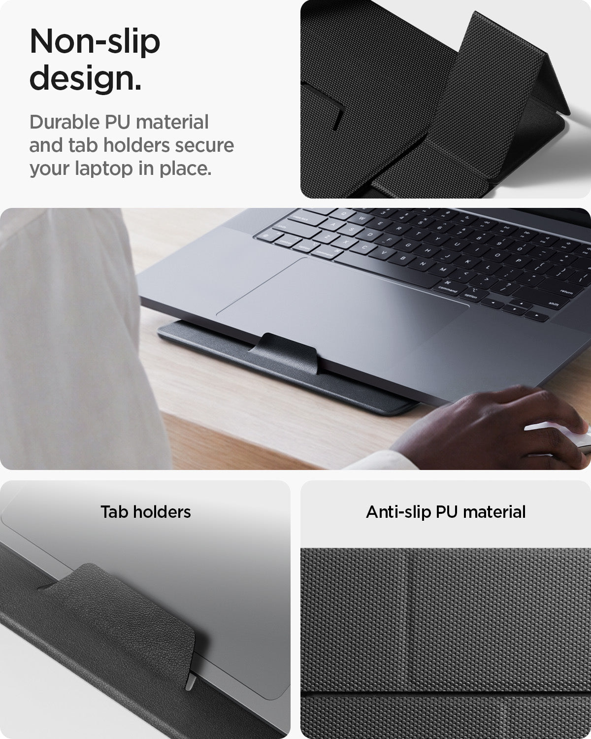 AMP11117 - Slim Fold Laptop Stand | Non-Adhesive | Black LD201-S8 showing non slip design. durable PU material and tab holders secure your laptop in place