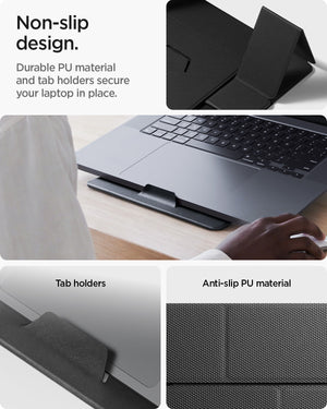 AMP11117 - Slim Fold Laptop Stand | Non-Adhesive | Black LD201-S8 showing non slip design. durable PU material and tab holders secure your laptop in place