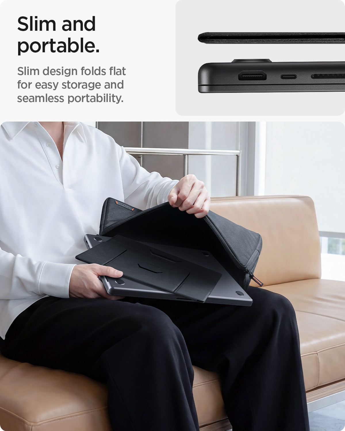 AMP11117 - Slim Fold Laptop Stand | Non-Adhesive | Black LD201-S8 showing slim and portable