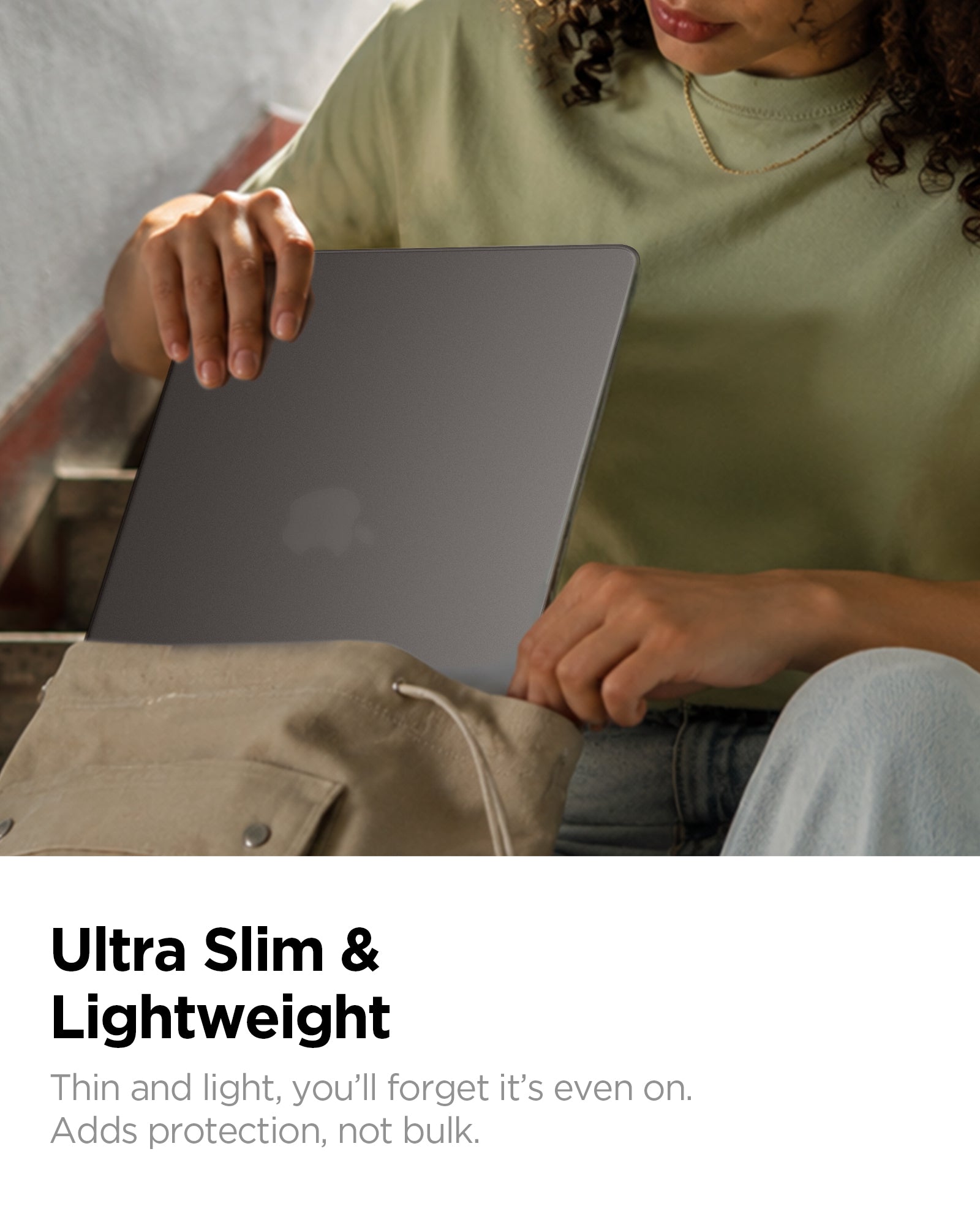 Spigen MacBook Air 13-inch Air Skin in Frost Black showing ultra slim and lightweight.
