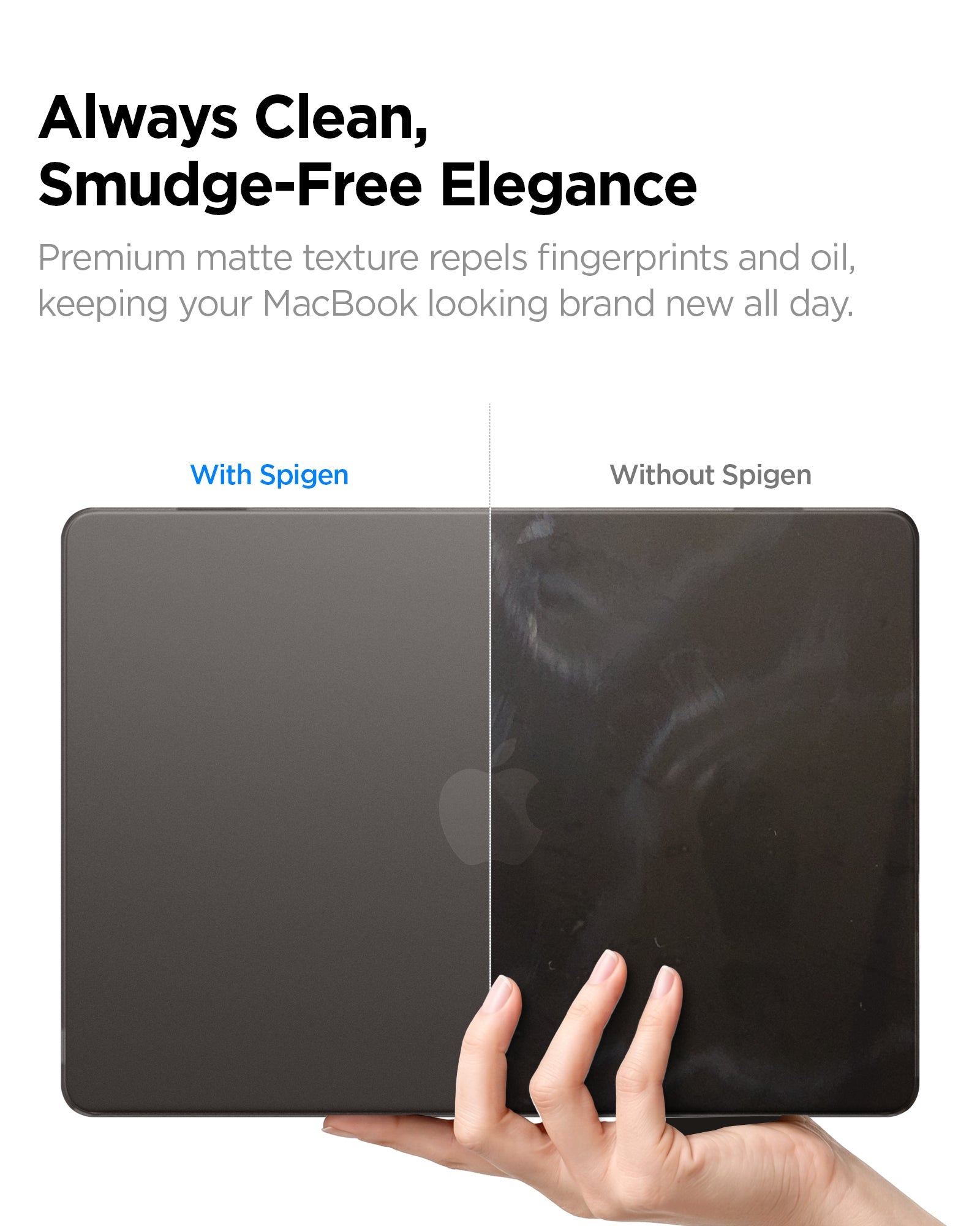 Spigen MacBook Air 13-inch Air Skin in Frost Black showing always clean, smudge free elegance