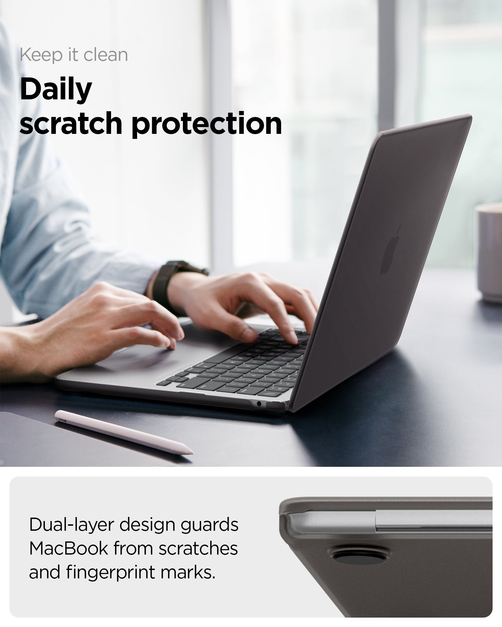 Spigen MacBook Air 13-inch Air Skin in Frost Black showing keep it clean, daily scratch protection