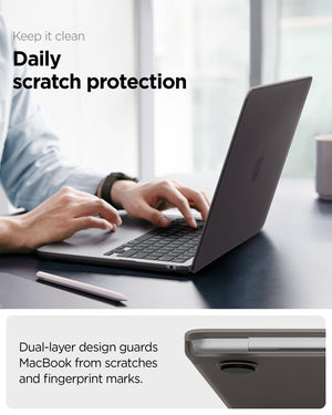 Spigen MacBook Air 13-inch Air Skin in Frost Black showing keep it clean, daily scratch protection