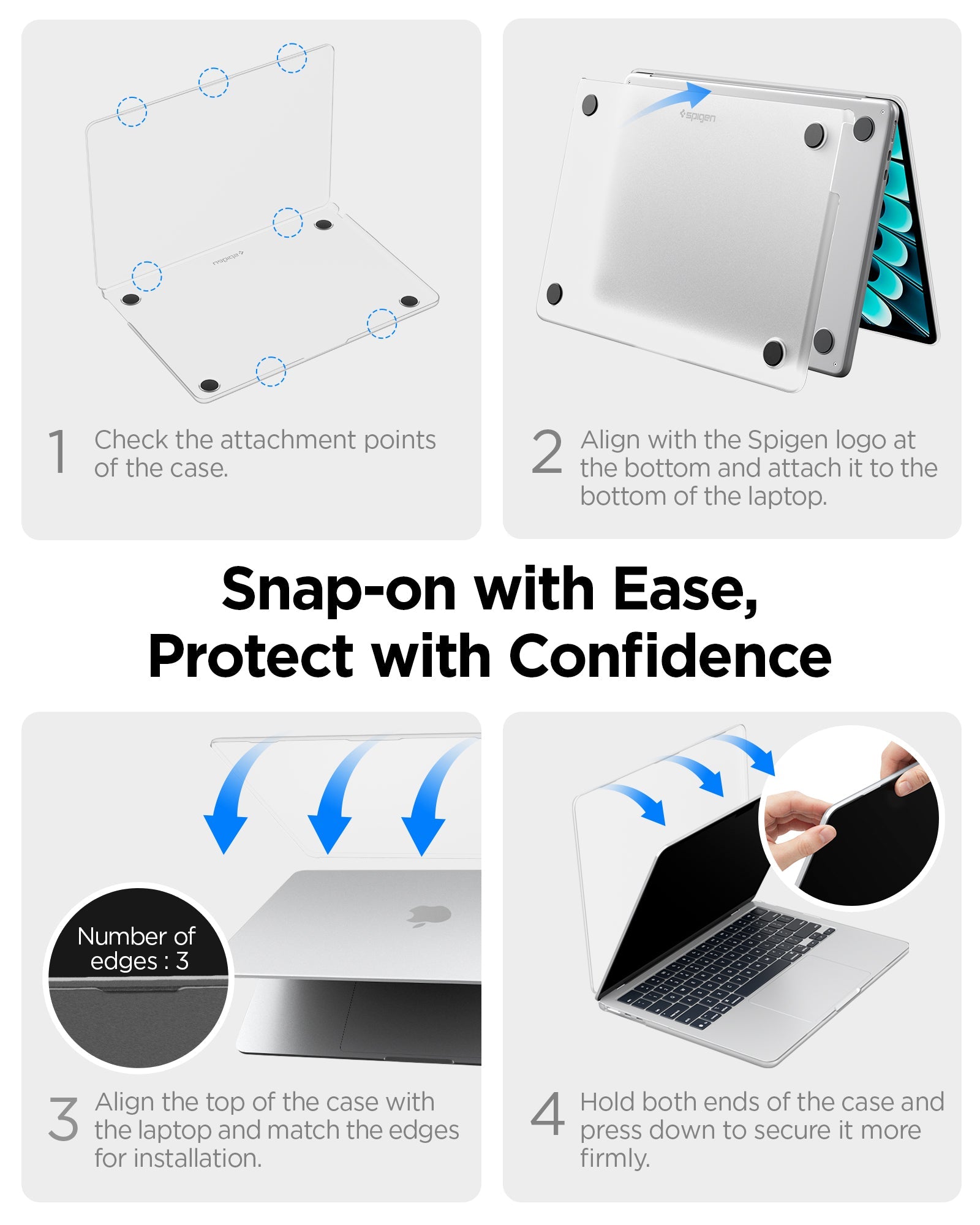 Spigen MacBook Air 13-inch Air Skin in Frost Black showing snap on with ease, protect with confidence