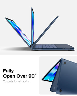 Spigen Air Skin Frost Indigo hinge opening beyond 90 degrees for MacBook Neo 13-inch