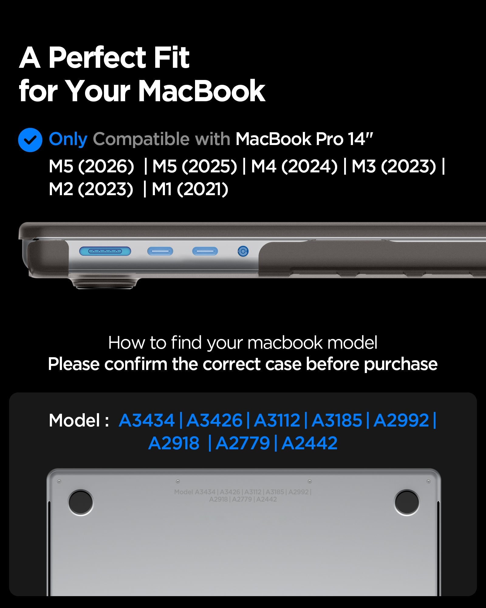 Spigen MacBook Pro 14-inch Air Skin in Frost Black showing compatibility information