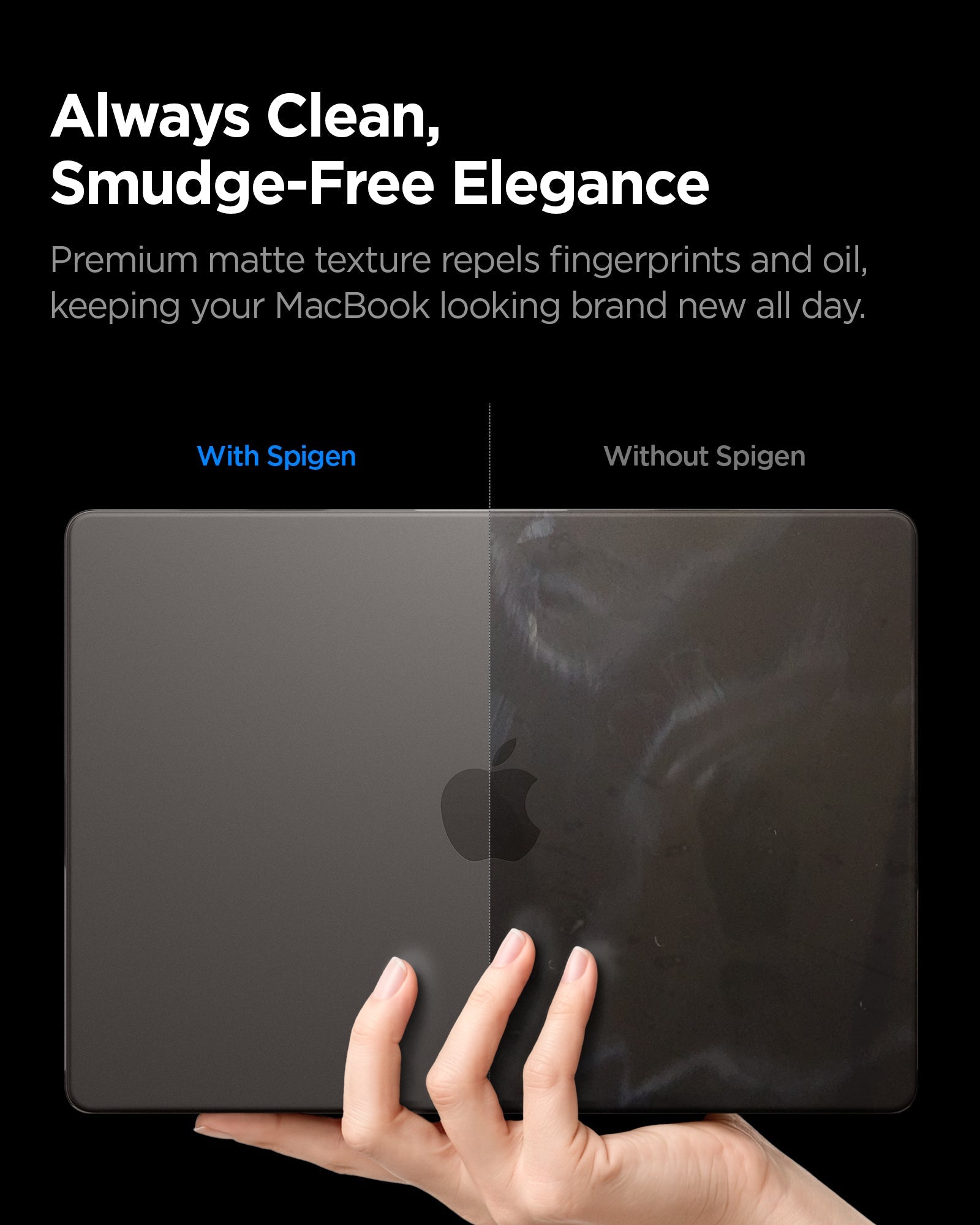 Spigen MacBook Pro 14-inch Air Skin in Frost Black showing always clean, smudge free elegance