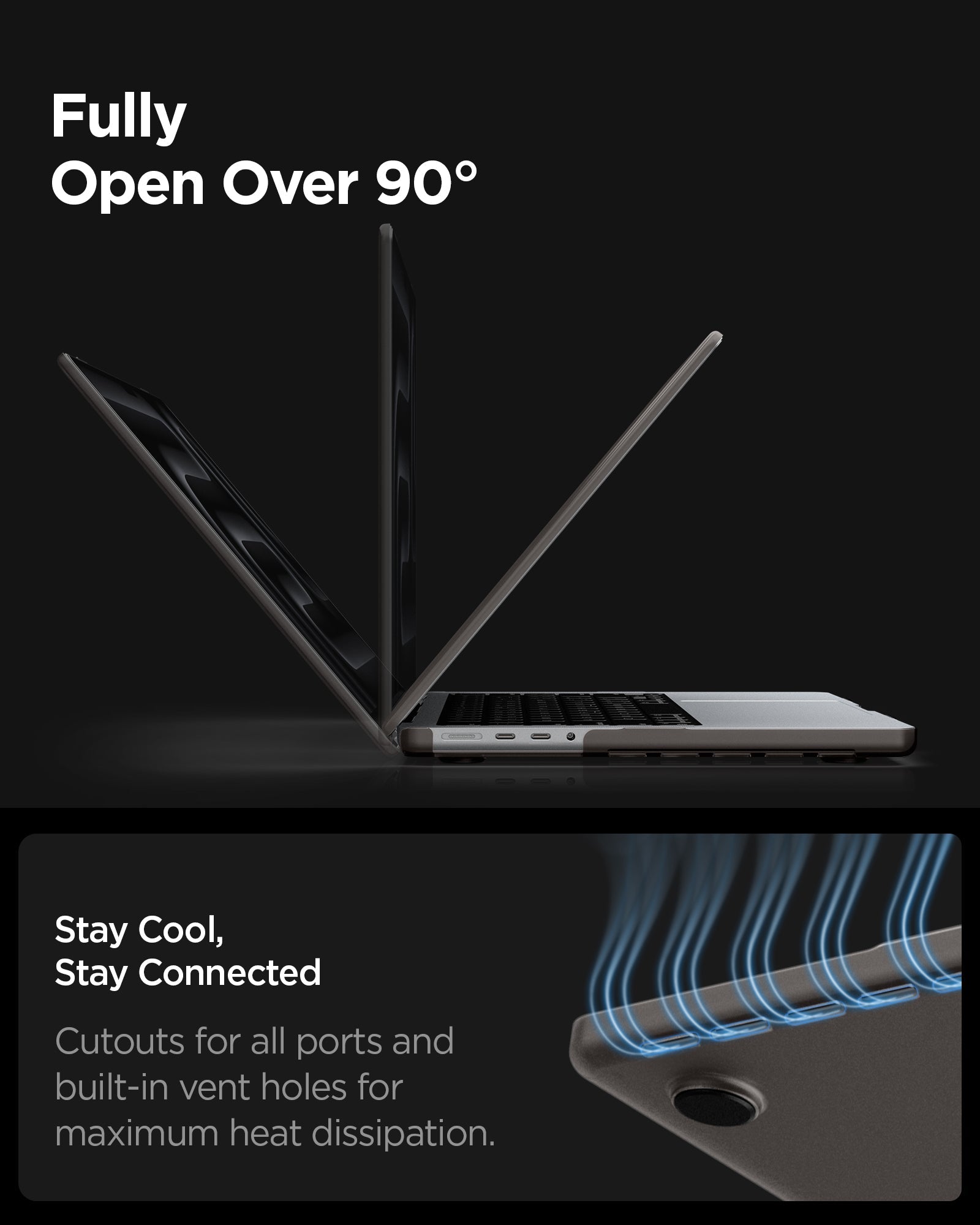 Spigen MacBook Pro 14-inch Air Skin in Frost Black showing fully open over 90 degree