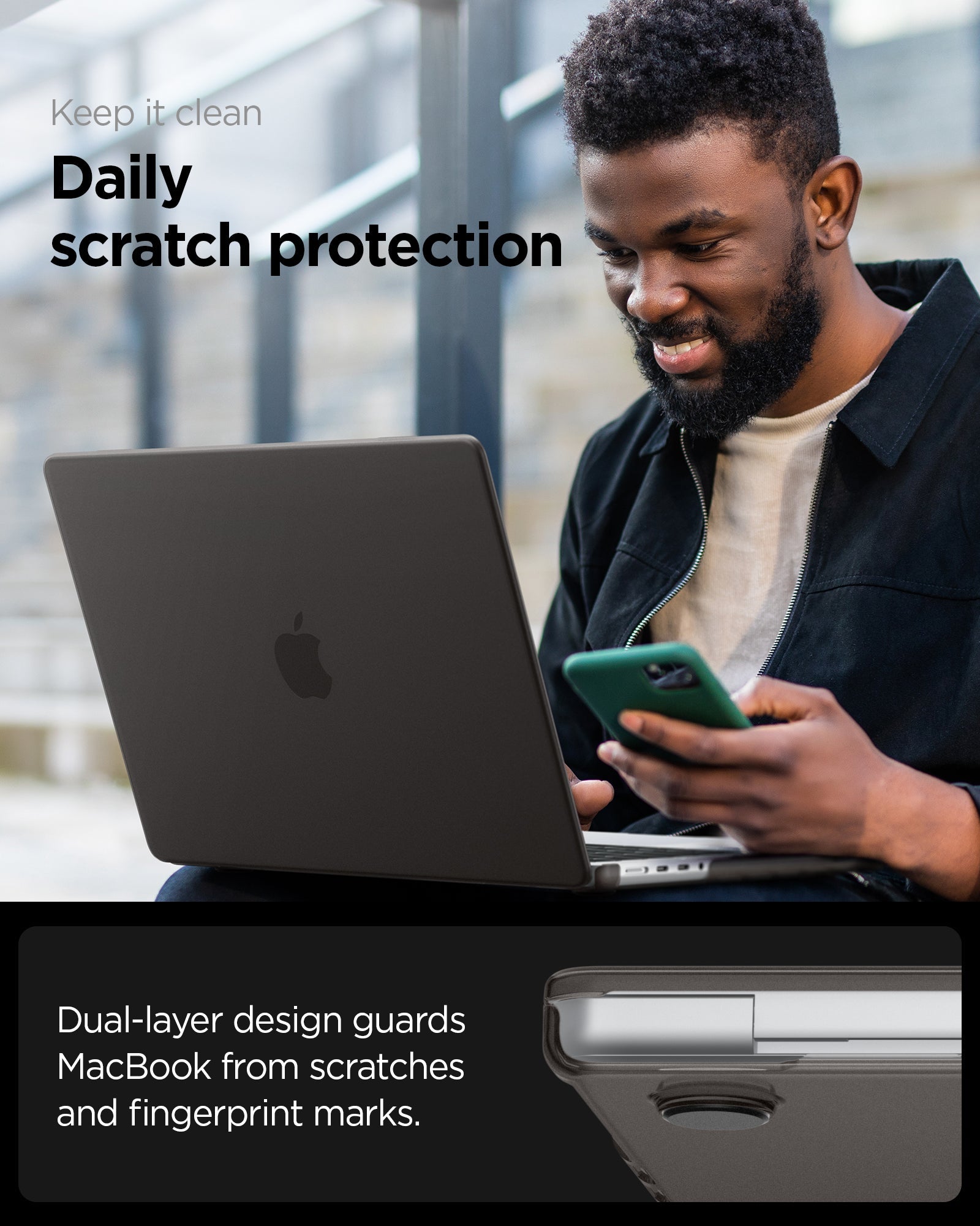 Spigen MacBook Pro 14-inch Air Skin in Frost Black showing keep it clean, daily scratch protection
