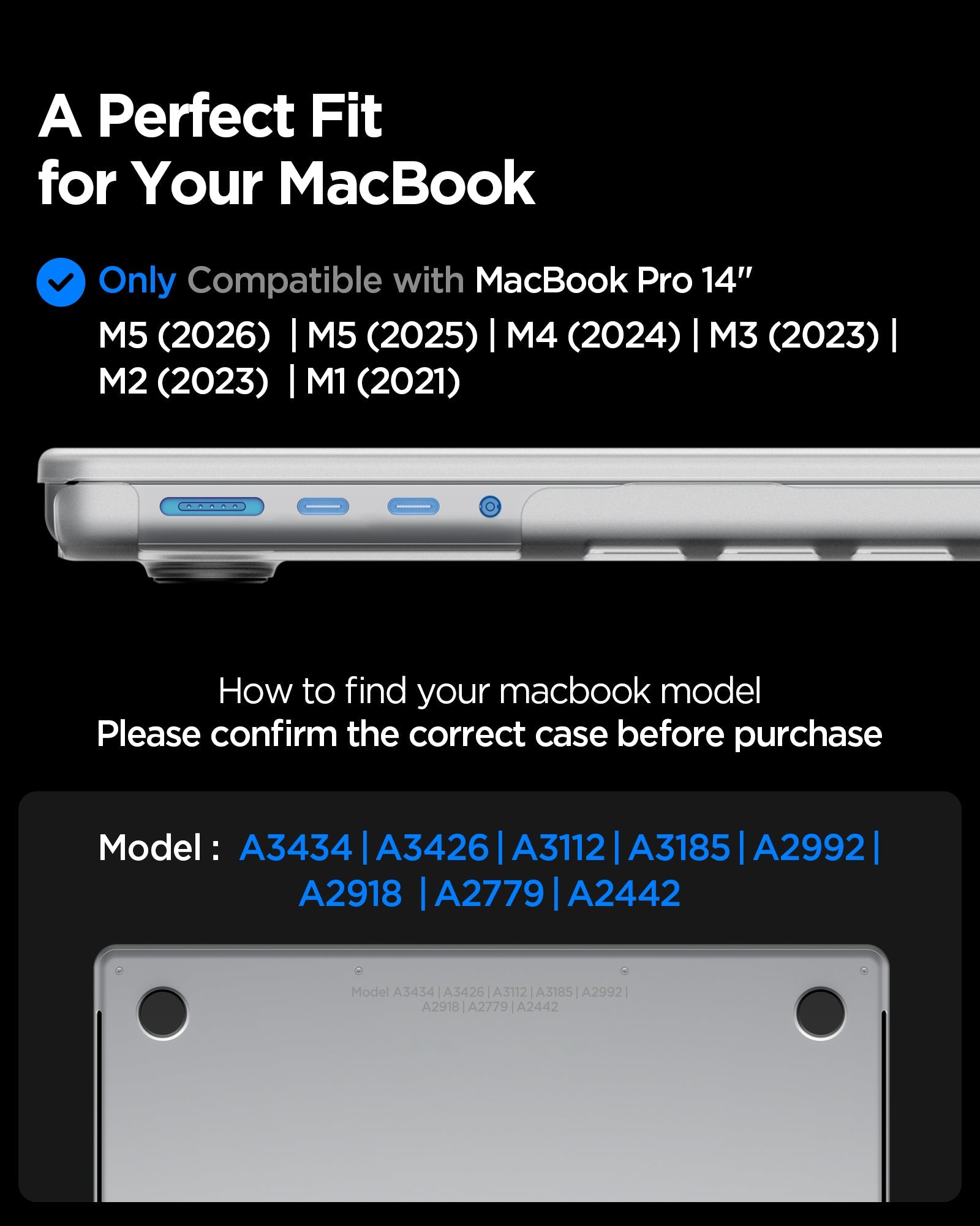 Spigen MacBook Pro 14-inch Air Skin in Frost Clear showing compatibility information