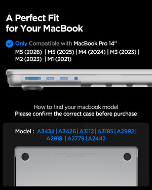 Spigen MacBook Pro 14-inch Air Skin in Frost Clear showing compatibility information