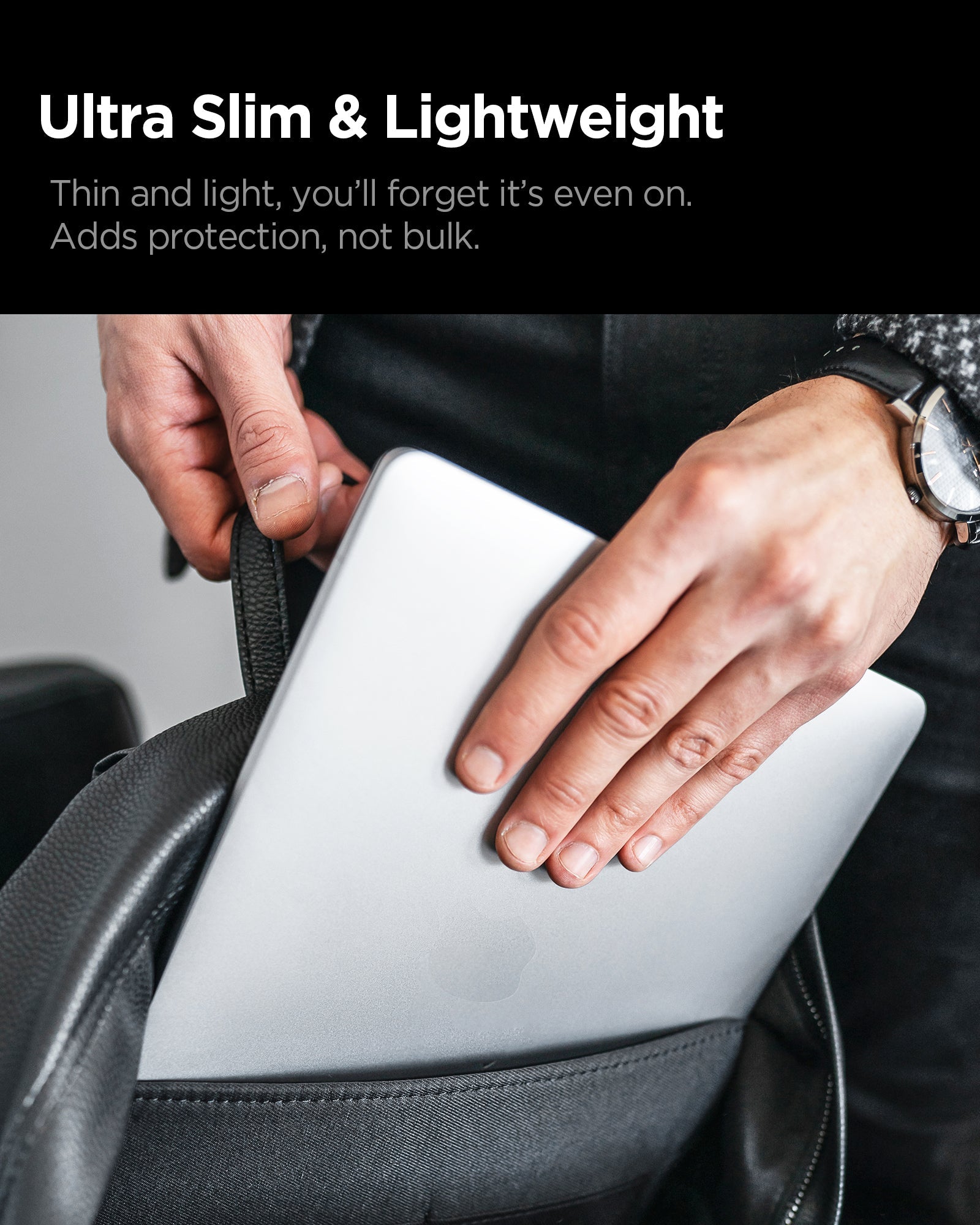 Spigen MacBook Pro 14-inch Air Skin in Frost Clear showing ultra slim and lightweight.