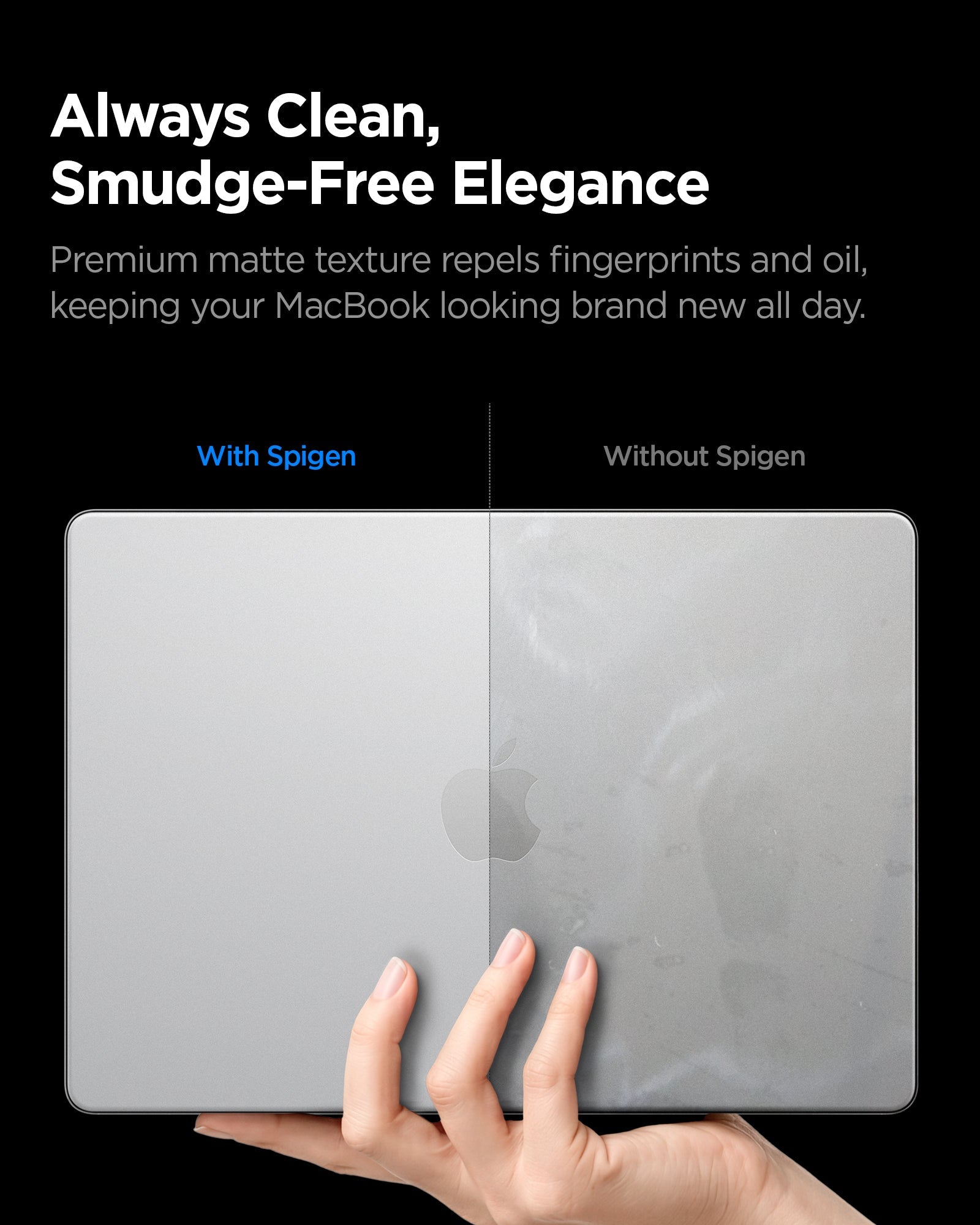 Spigen MacBook Pro 14-inch Air Skin in Frost Clear showing always clean, smudge free elegance