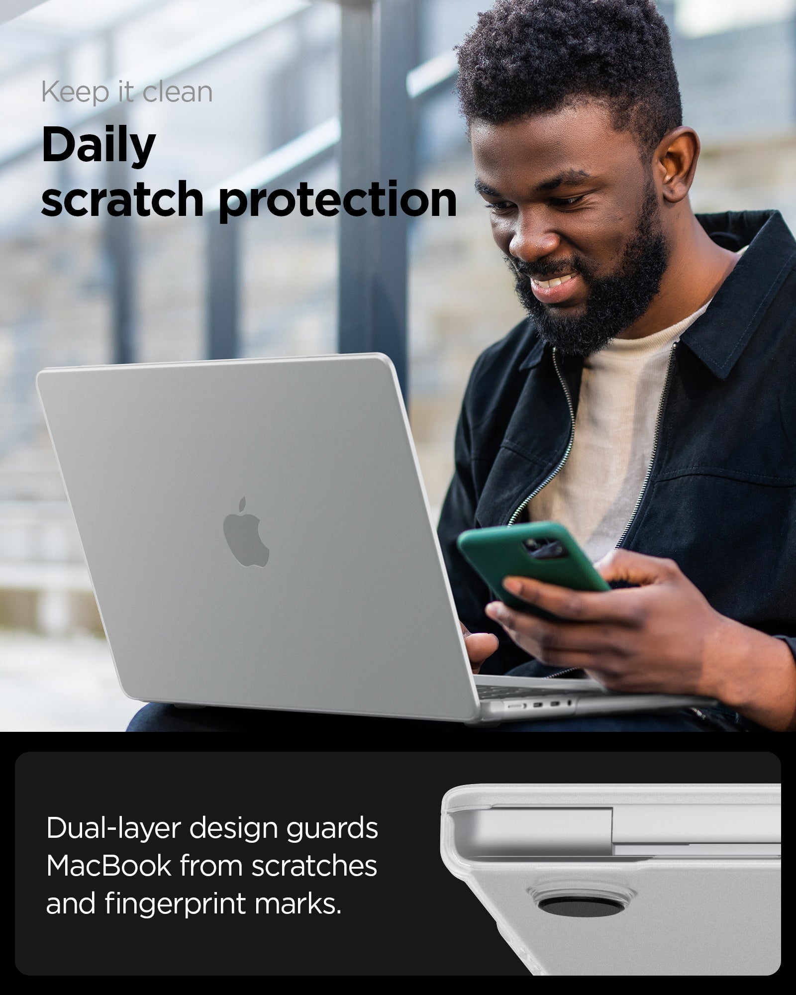 Spigen MacBook Pro 14-inch Air Skin in Frost Clear showing keep it clean, daily scratch protection