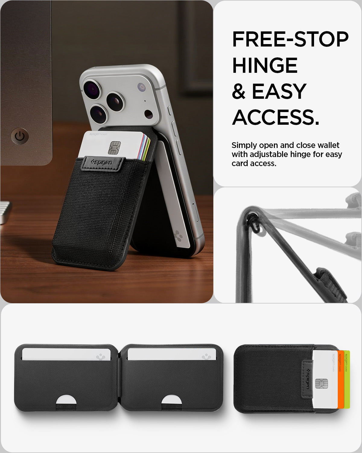 Free-stop hinge and quick card access on the Spigen Slim Fold MagFit wallet