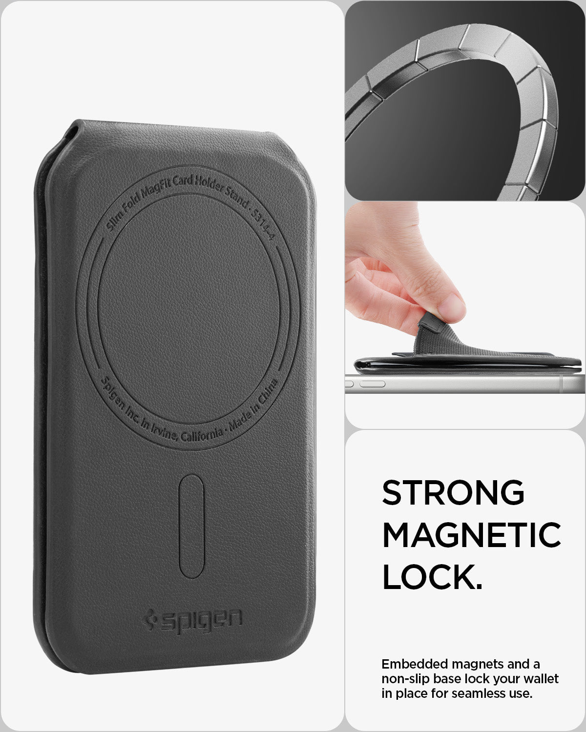 Strong magnetic lock of the Spigen Slim Fold MagFit wallet stand
