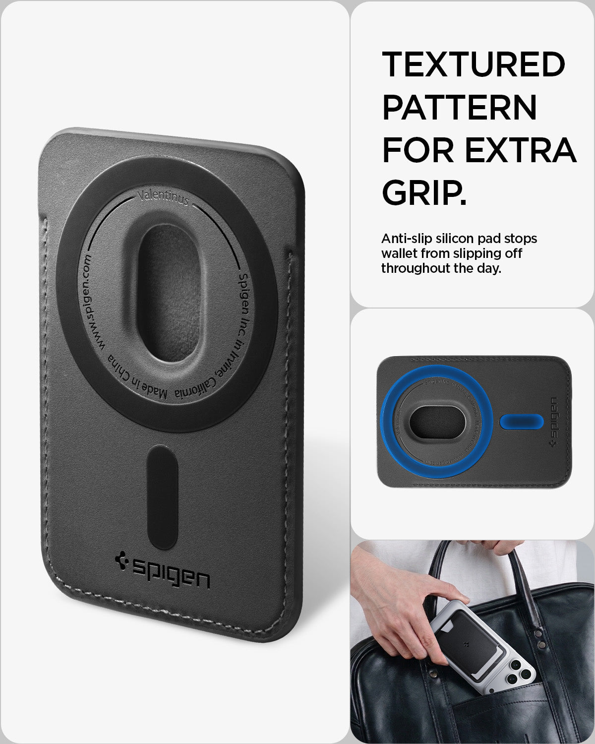 Textured anti-slip rear pattern on the Spigen Valentinus MagFit wallet