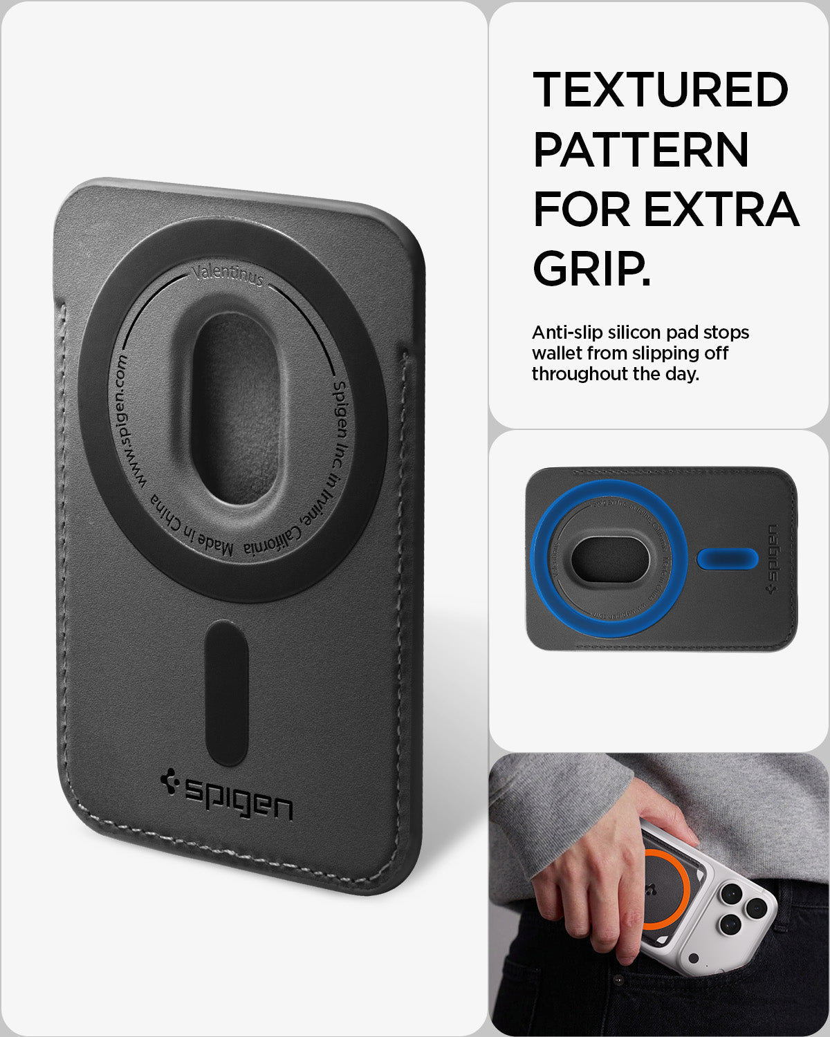 Textured anti-slip rear pattern on the Spigen Valentinus MagFit+ wallet