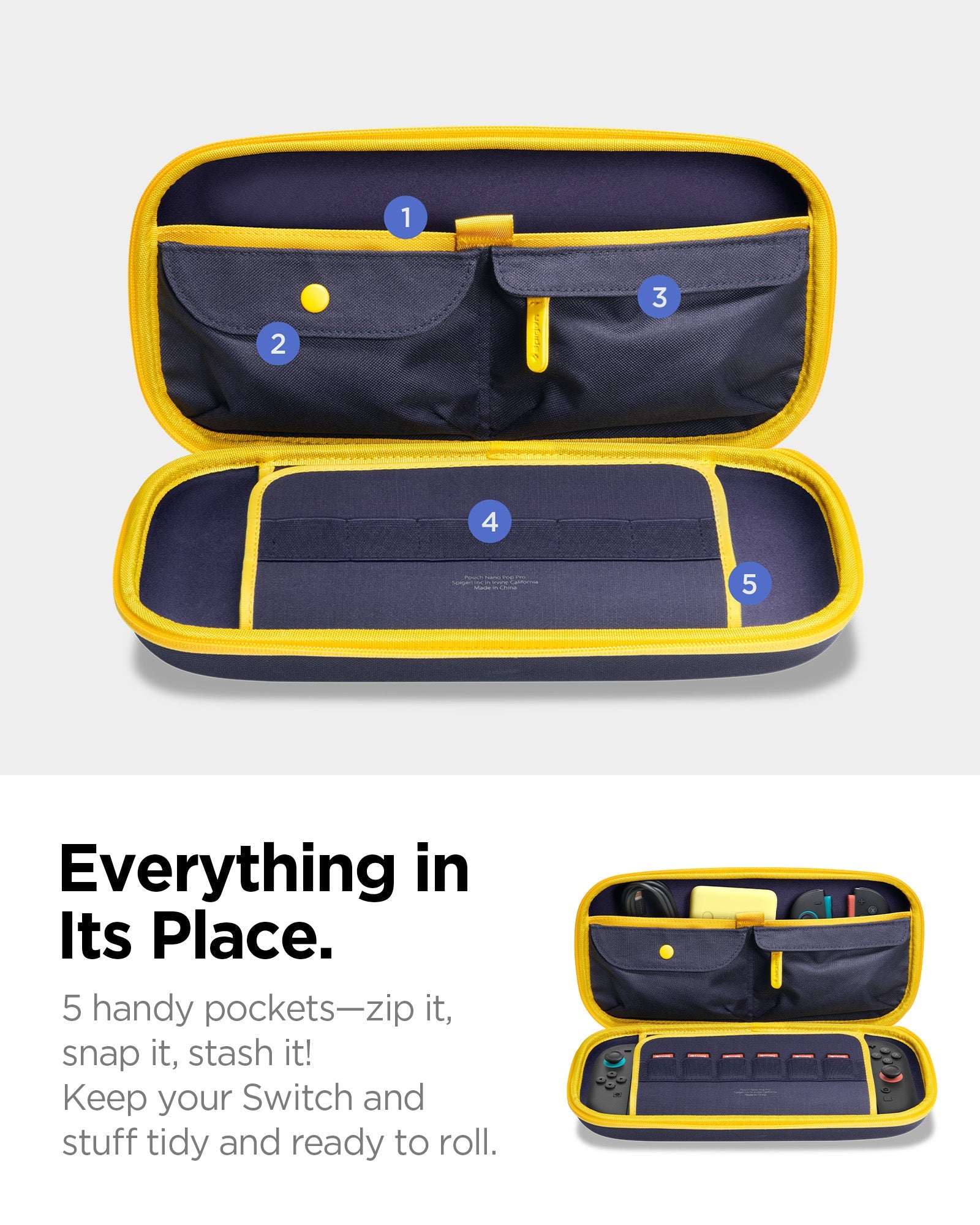 Five dedicated storage areas inside Nano Pop Pro case