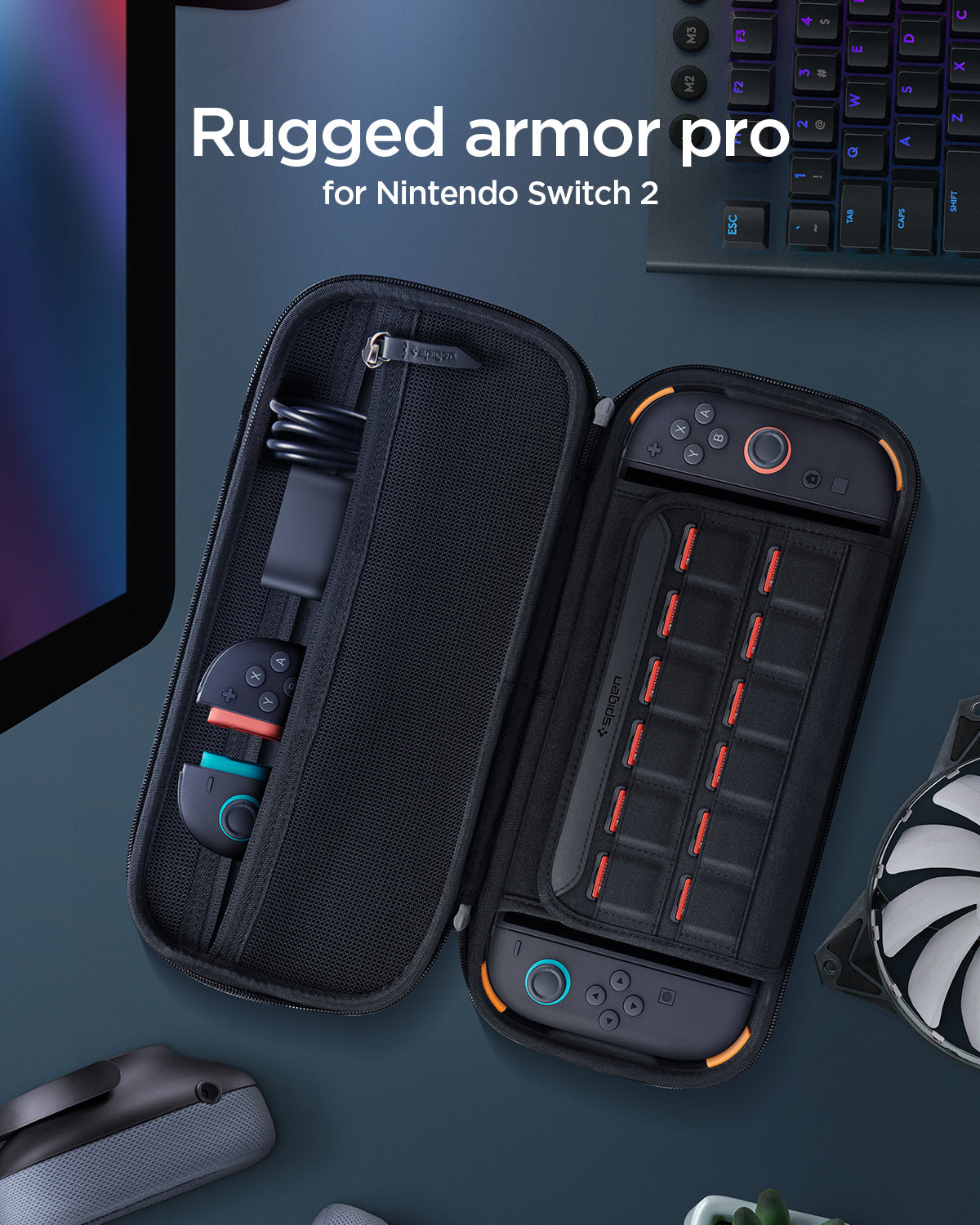 Open Rugged Armor Pro organizer with Nintendo Switch 2 console and travel accessories