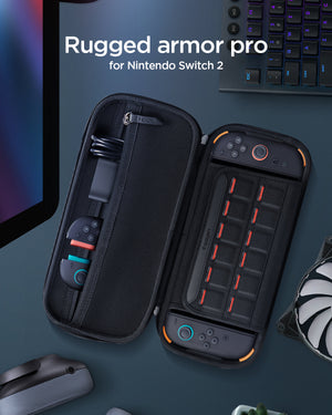 Open Rugged Armor Pro organizer with Nintendo Switch 2 console and travel accessories