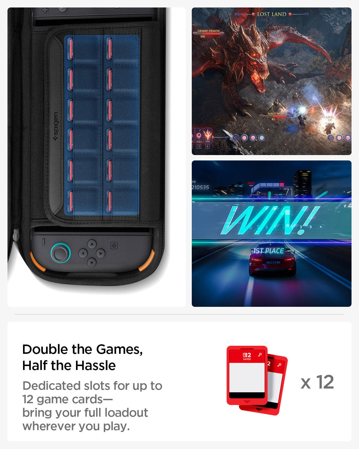 Twelve Nintendo Switch game-card slots inside Spigen Rugged Armor Pro case