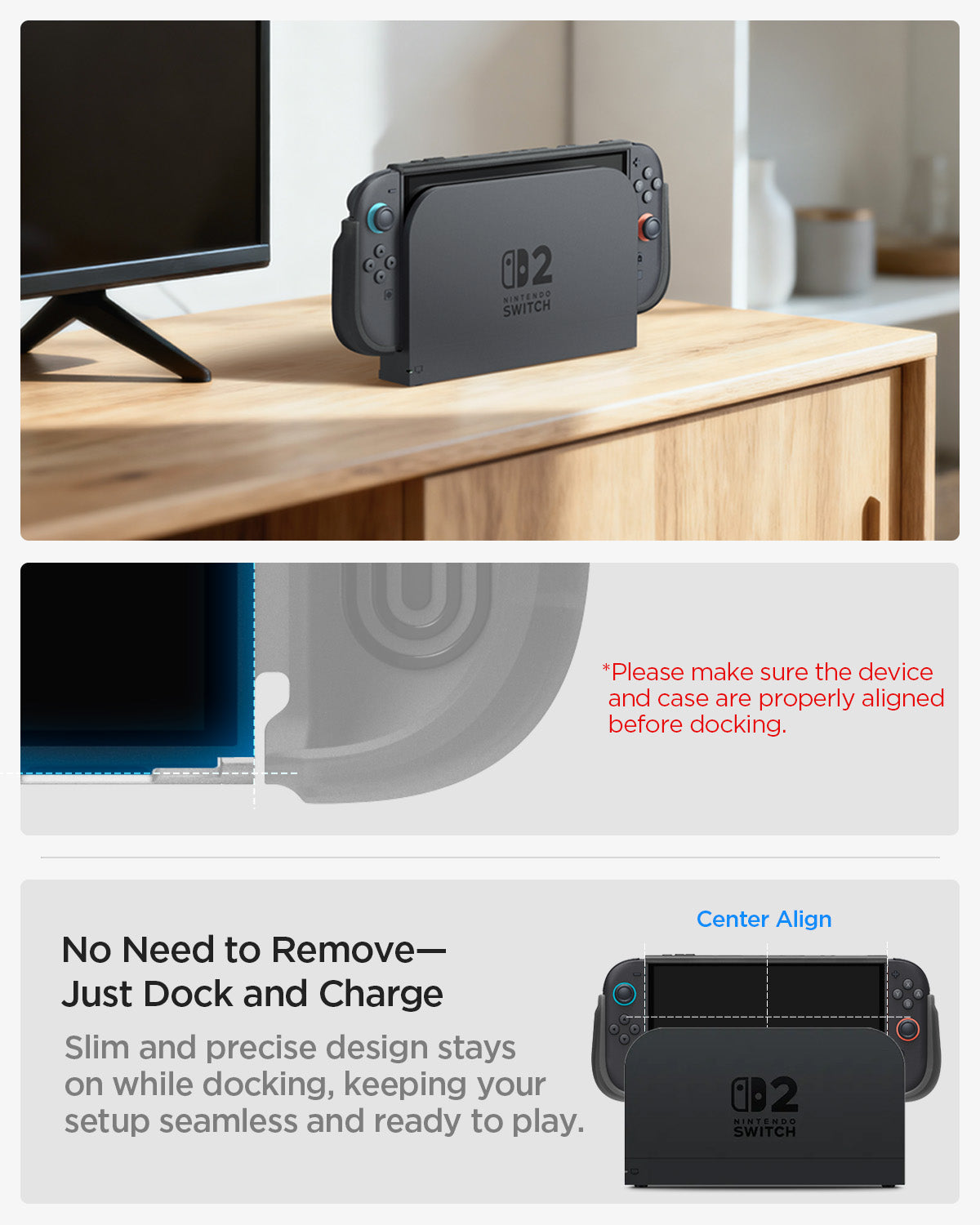 Dock alignment instructions for Spigen Ultra Hybrid Nintendo Switch 2 case