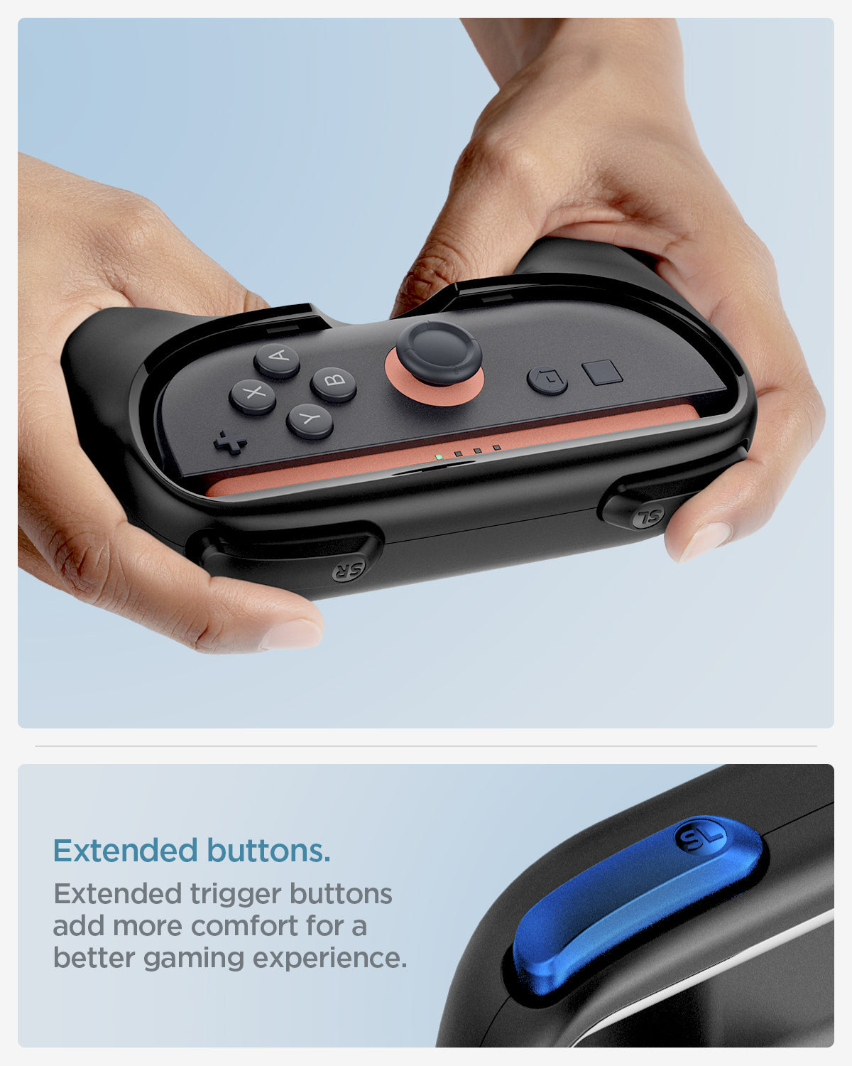 Extended trigger buttons on Spigen NS100 Joy-Con Grip