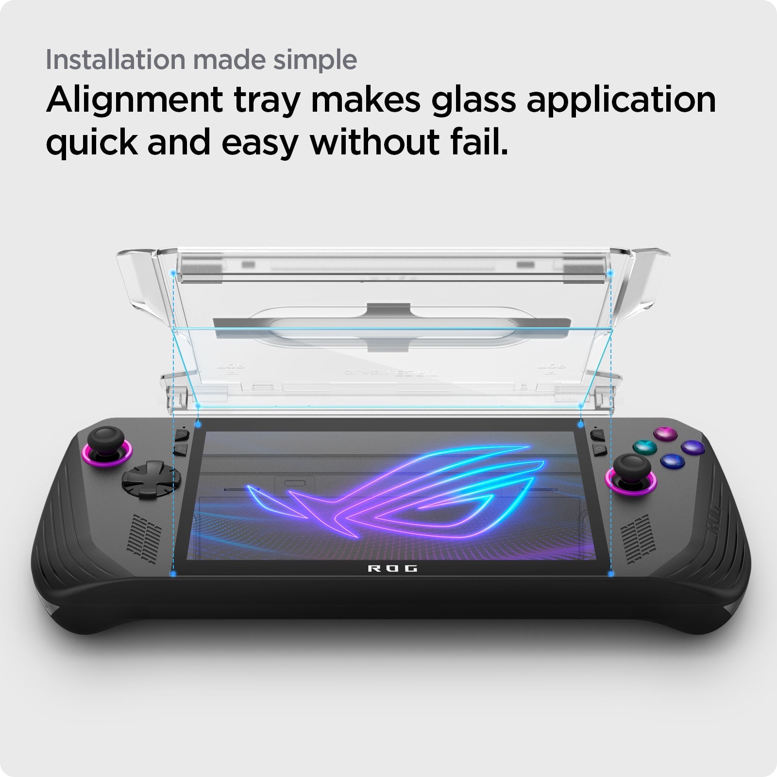 Spigen EZ Fit alignment tray installation steps for ROG Ally X