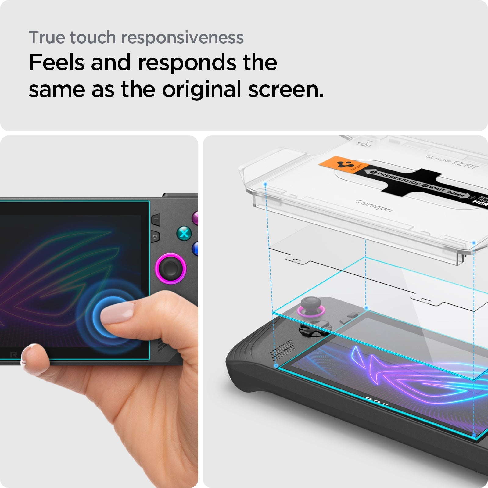 Spigen Glas.tR EZ Fit touch responsiveness feature on ROG Ally X