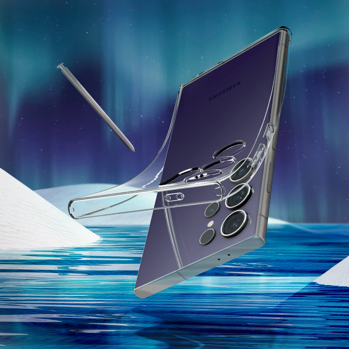 ACS07283 - Galaxy S24 Ultra Case Liquid Crystal in Crystal Clear showing clear back on the sea.