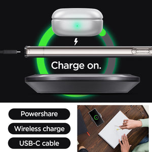 ACS07283 - Galaxy S24 Ultra Case Liquid Crystal in Crystal Clear charge on. powershare. wireless charge. USB-C cable.