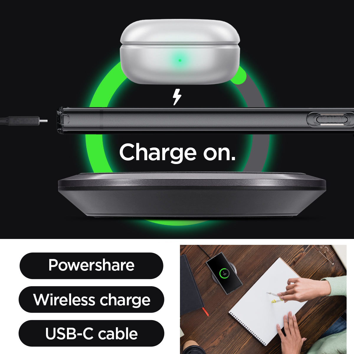 ACS07284 - Galaxy S24 Ultra Case Liquid Crystal in Space Crystal charge on. powershare. wireless charge. USB-C cable.