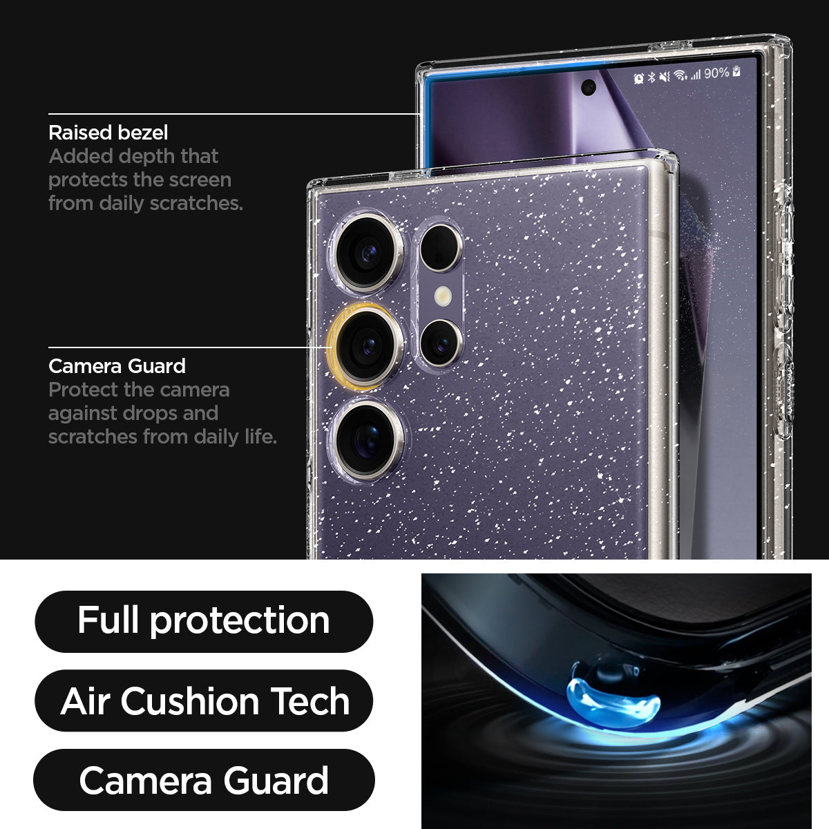 ACS07285  - Galaxy S24 Ultra Case Liquid Crystal Glitter in Crystal Quartz  raised bezel added depth that protects the screen from daily scratches. camera guard protect the camera against drops and scratches from daily life. full protection. air cushion tech. camera guard. 