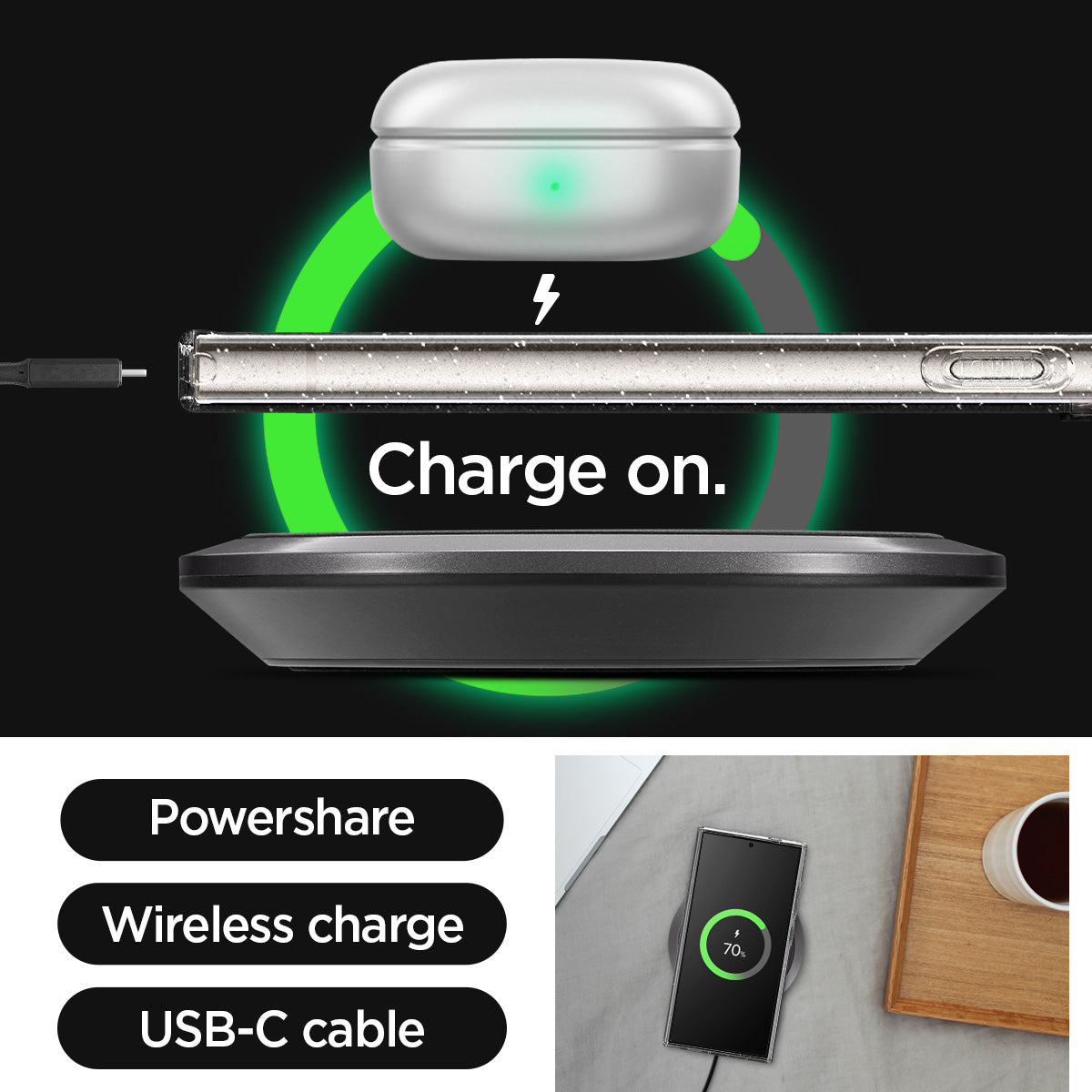 ACS07285  - Galaxy S24 Ultra Case Liquid Crystal Glitter in Crystal Quartz   charge on. powershare. wireless charge. USB-C cable.