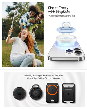 Spigen S582W Dune Beige magnetic selfie-stick feature