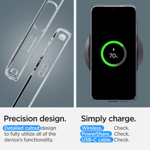 ACS07343 - Galaxy S24 Case Liquid Crystal in Crystal Clear precision design. Detail cutout design to fully utilize all of the device's functionality. Simply charge wireless check. power share check. USB-C cable check.