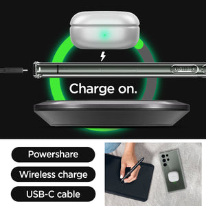 ACS05617 - Galaxy S23 Ultra Case Ultra Hybrid in crystal clear charge on. powershare. wireless charge. USB-C cable.