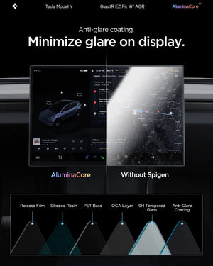 Spigen Tesla Model Y Screen Protector (16“) Screen Protector GLAS.tR EZ Fit AluminaCore Anti-Glare view 14