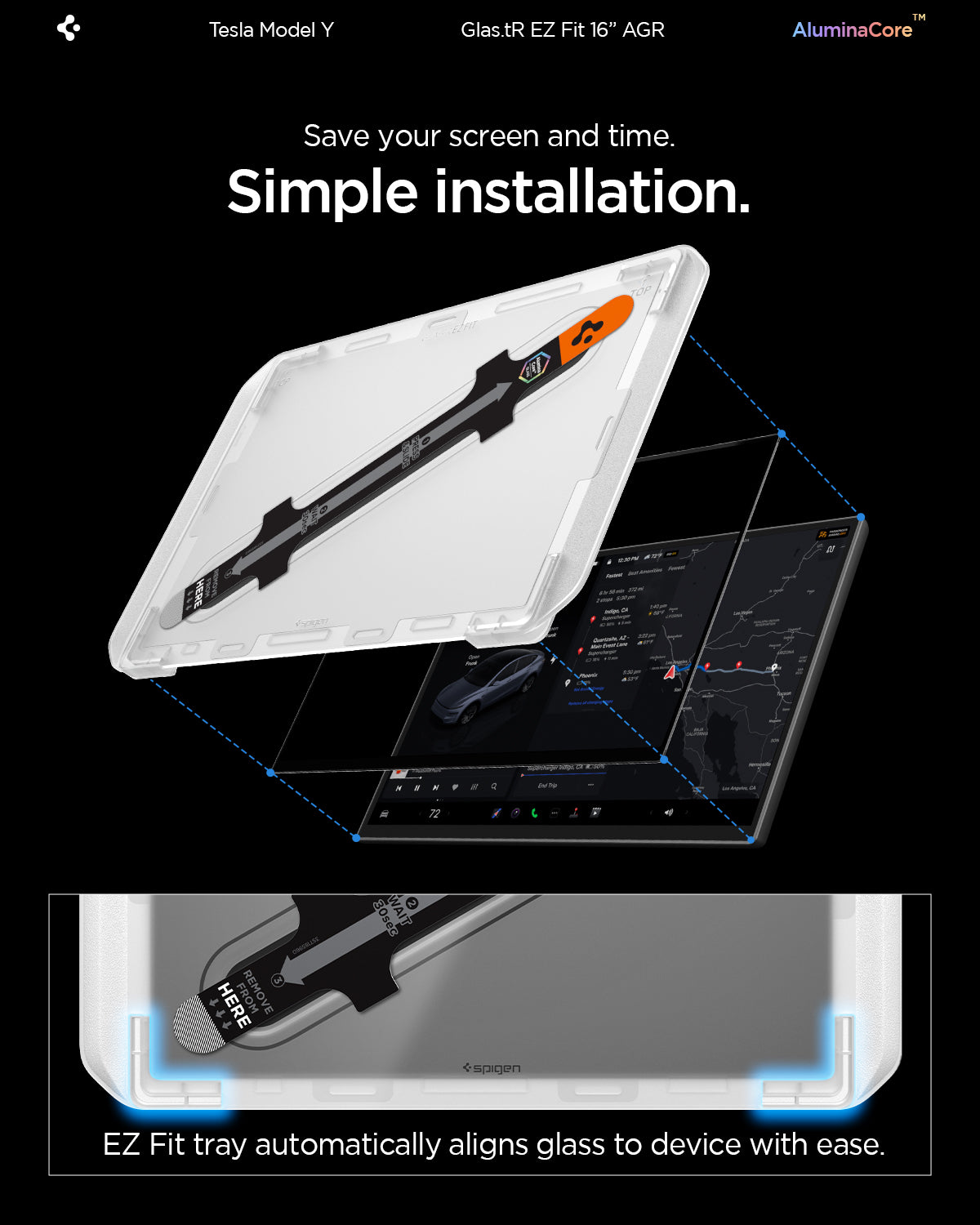 Spigen Tesla Model Y Screen Protector (16“) Screen Protector GLAS.tR EZ Fit AluminaCore Anti-Glare view 15
