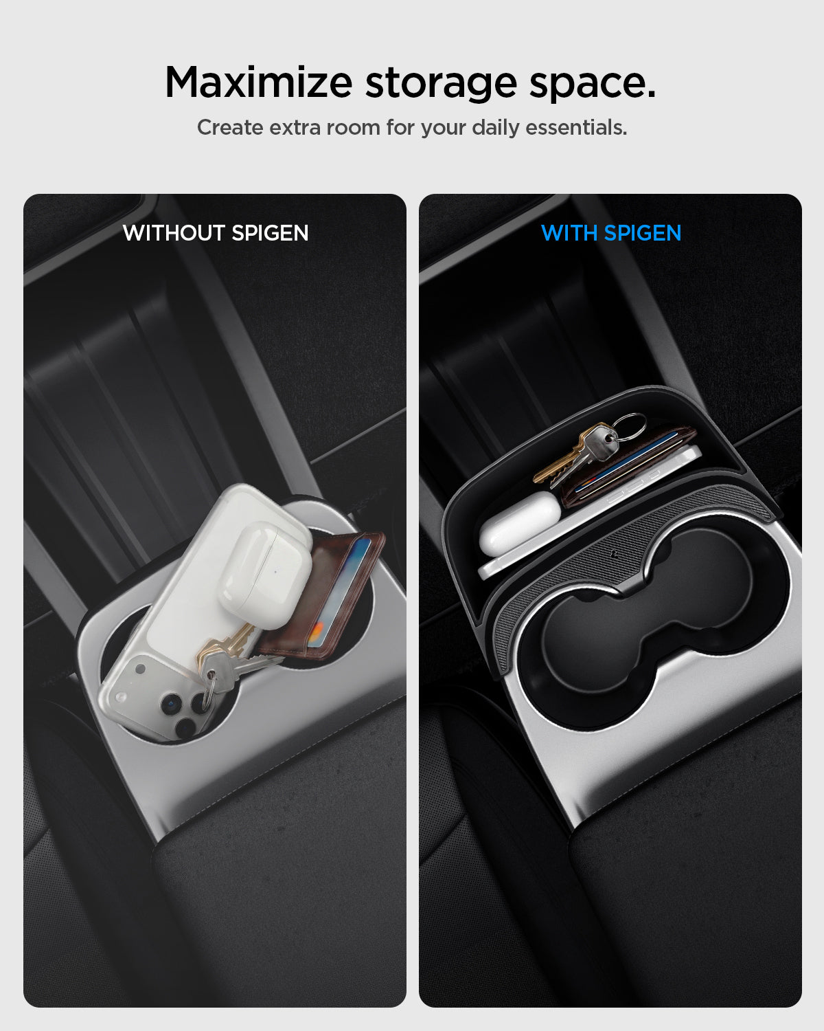 Extra storage comparison with Spigen Tesla console extender