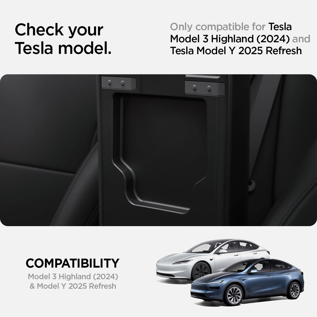 Spigen Tesla hidden storage box fitment guide for refreshed Model Y and Model 3