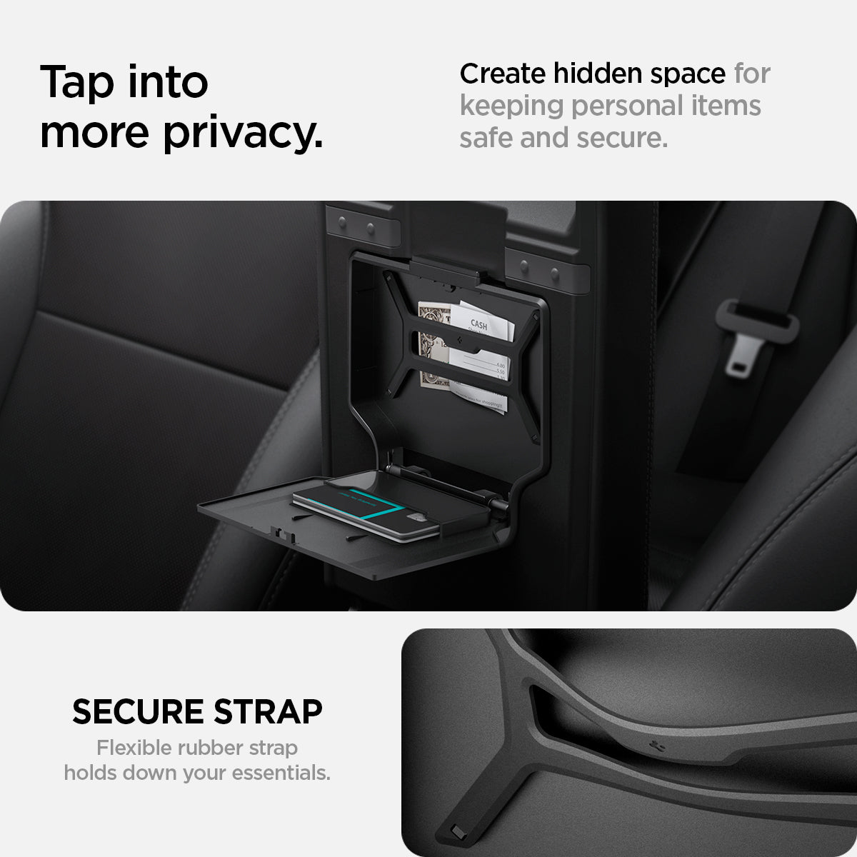 Spigen Tesla hidden storage box one-tap opening detail