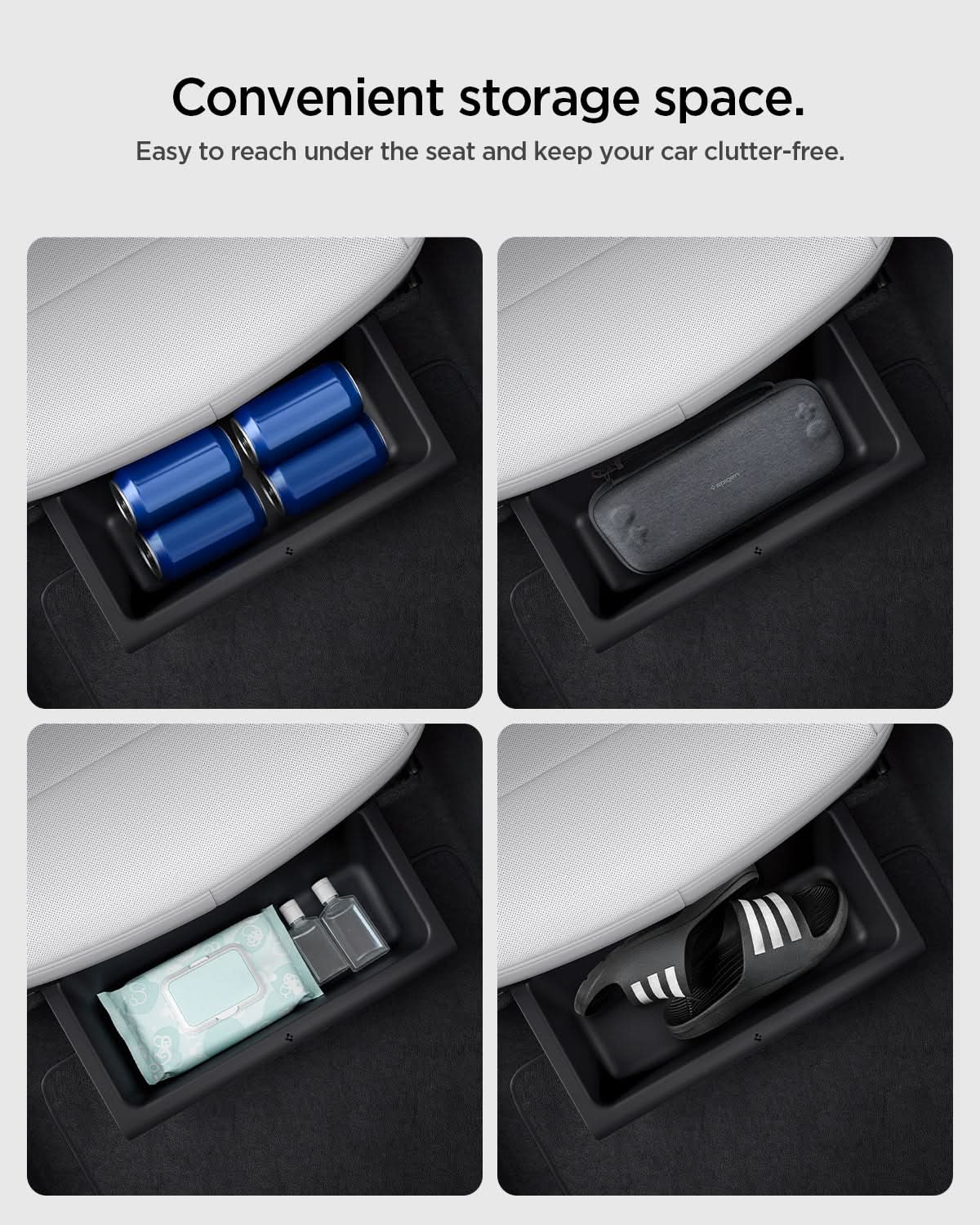 Spigen TO222J convenient hidden storage space below a Tesla Model Y Juniper seat